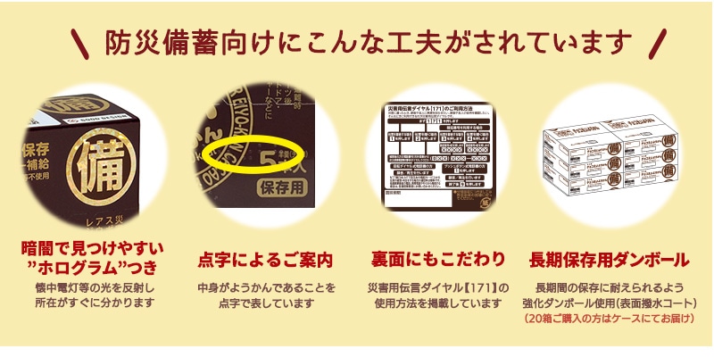 防災備蓄にこんな工夫がされています、１：暗闇で見つけやすい”ホログラム”つき、２：点字によりご案内（中身がようかんであることを表しています）、３：裏面にもこだわり（災害用伝言ダイヤル171の使い方を掲載、４：長期保存用ダンボール（ケース販売品をご購入ください）