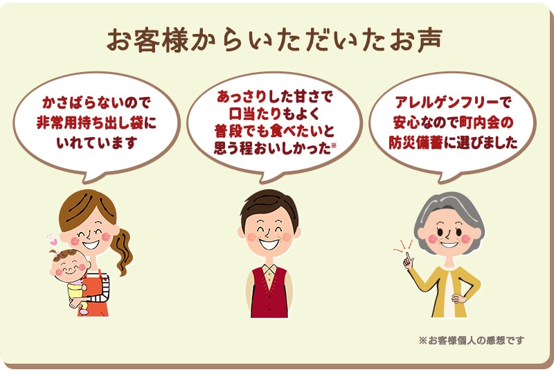 お客様のお声「かさばらないので非常用持ち出し袋にいれています」「あっさりした甘さで口当たりもよく普段でも食べたいと思う程おいしかった」「アレルゲンフリーで安心なので町内会の備蓄に選びました」