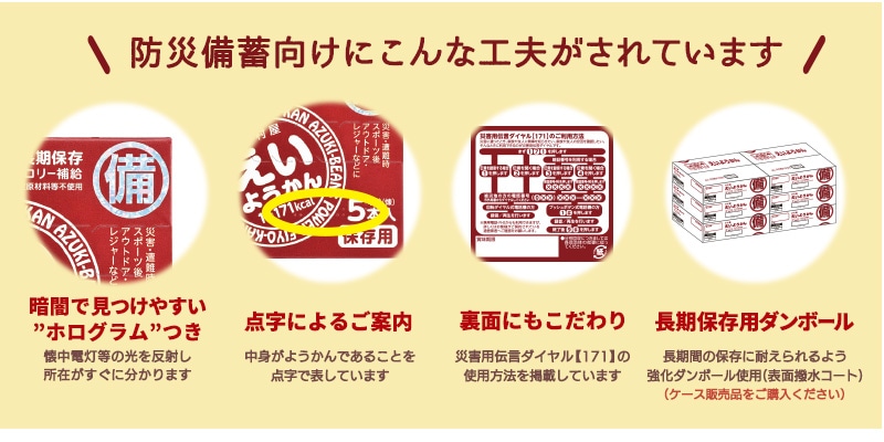 防災備蓄にこんな工夫がされています、１：暗闇で見つけやすい”ホログラム”つき、２：点字によりご案内（中身がようかんであることを表しています）、３：裏面にもこだわり（災害用伝言ダイヤル171の使い方を掲載、４：長期保存用ダンボール（ケース販売品をご購入ください）