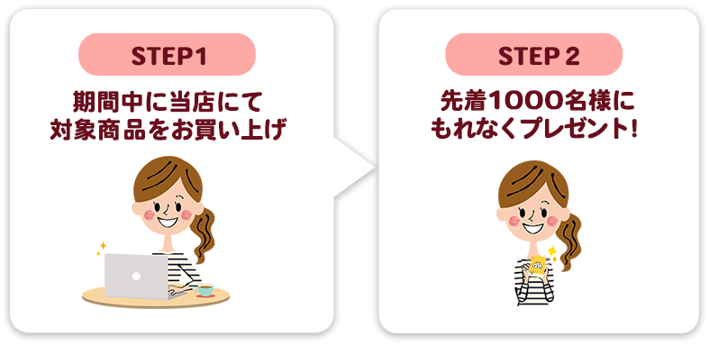 STEP1:期間中に当店にて対象商品をお買い上げ、STEP2:先着1000名様にもれなくプレゼント！